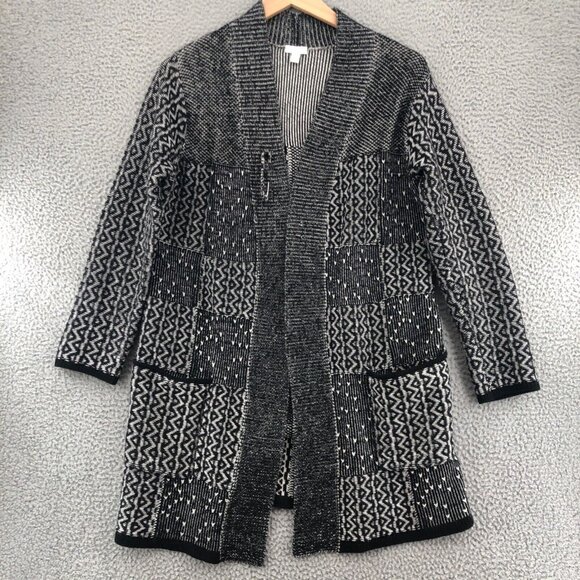 J Jill Sweater Womens Small Black Wool Blend Patterned Cardigan Open Longline - Picture 1 of 10